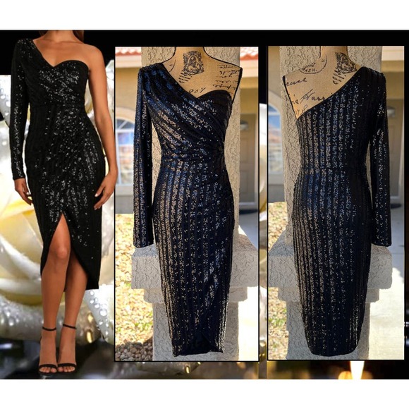 Lulus Black Sequin One-Shoulder Midi Dress Elegant Occasion Size L - Picture 1 of 13